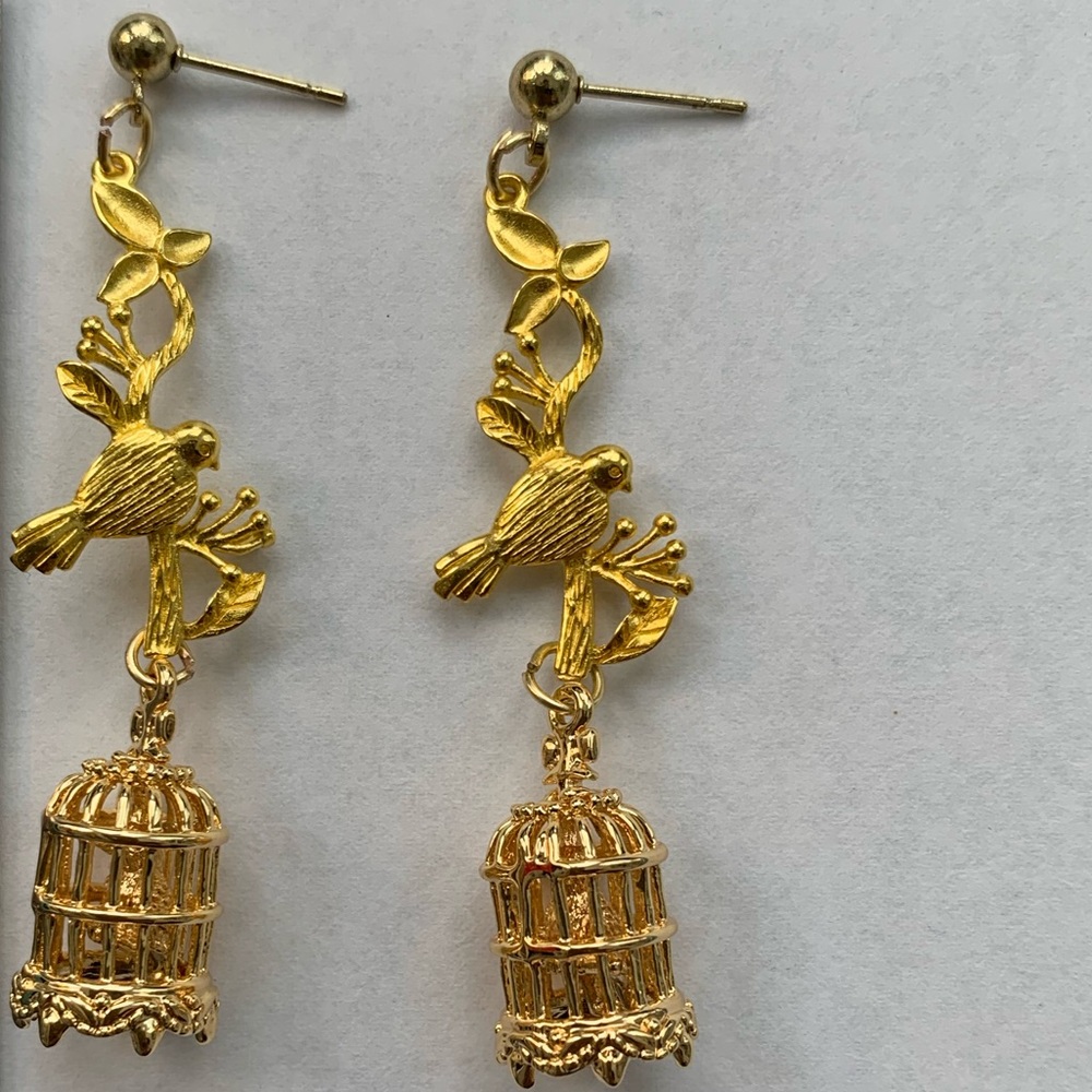 Golden bird in cage earrings birds on branches woodland nature dangle earrings